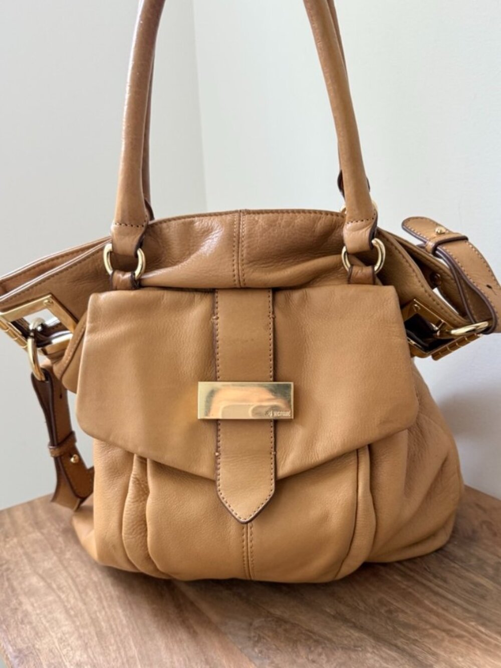 POUR LA VICTOIRE Buttery Camel Leather Satchel Shoulder Bag Chunky Gold Buckles